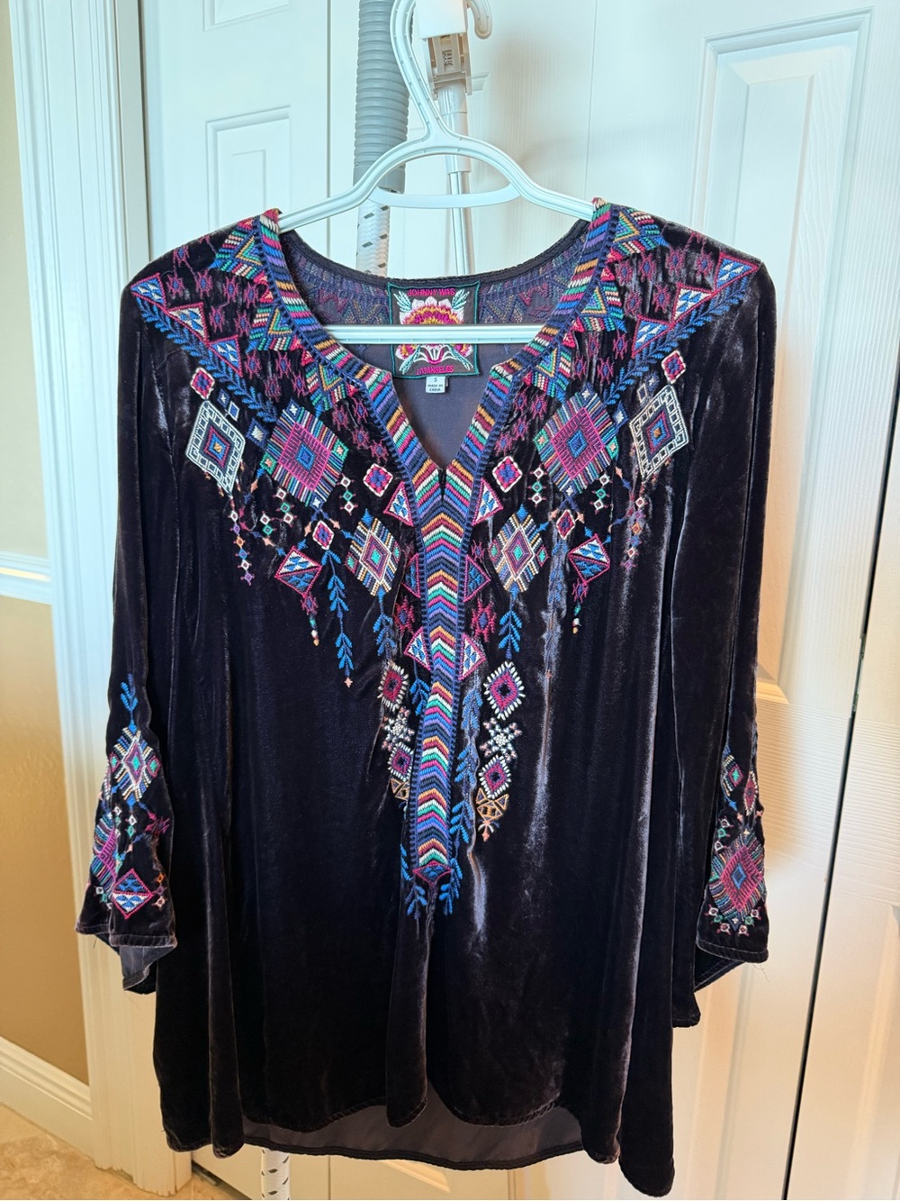 Johnny Was Black Velvet Tunic with Multicolor Embroidery